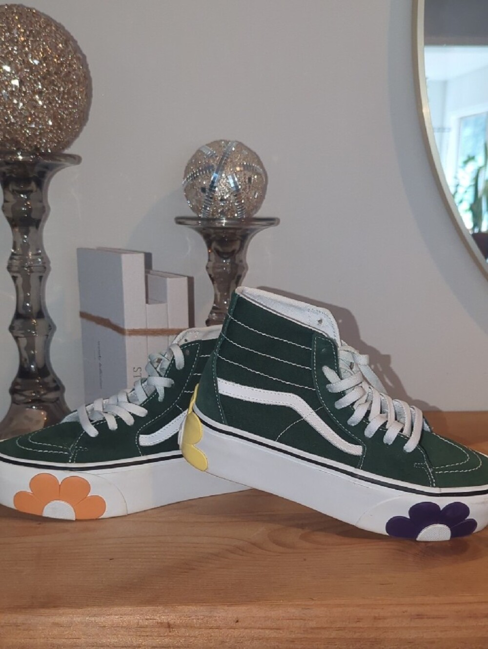 Vans Dark Green High-Top Platform Sneakers with White Stripe and Flower Accent - Picture 2 of 5